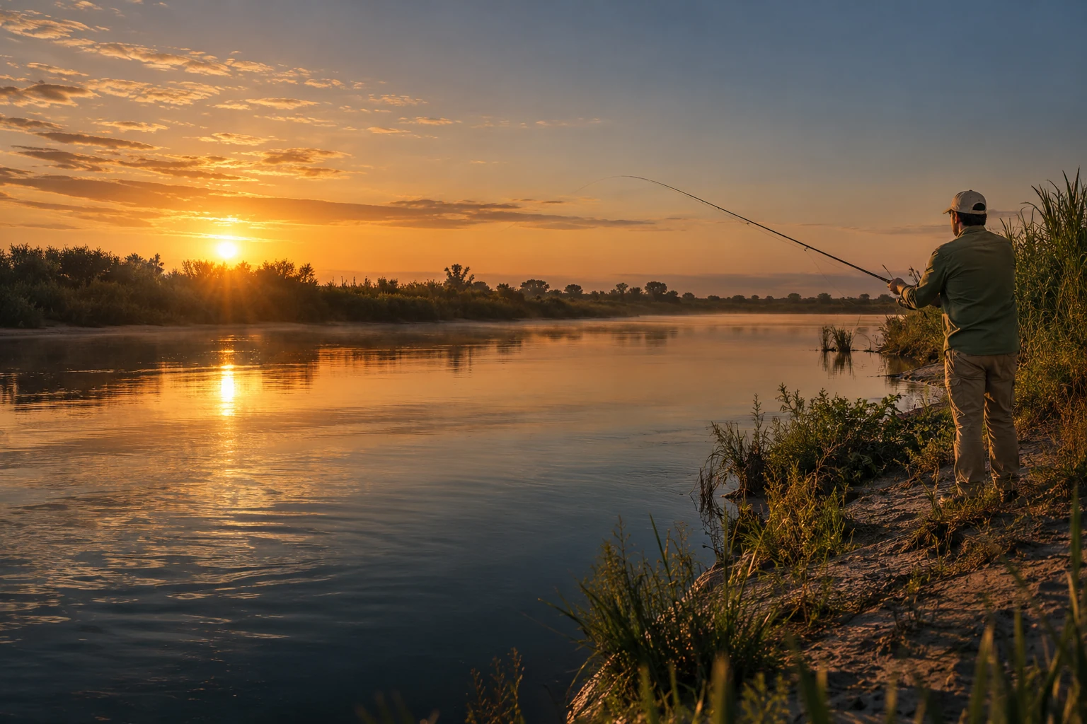 A quiet morning of fishing beside an inland river