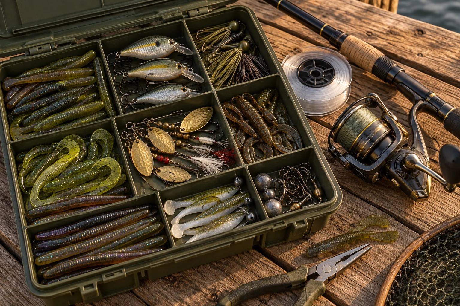 Fishing lures, soft baits, line and a spinning reel arranged in a tackle box